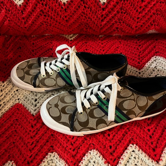 Ladies Coach Tennis Shoes, Size 8, Brown and tan green strips - Picture 2 of 4